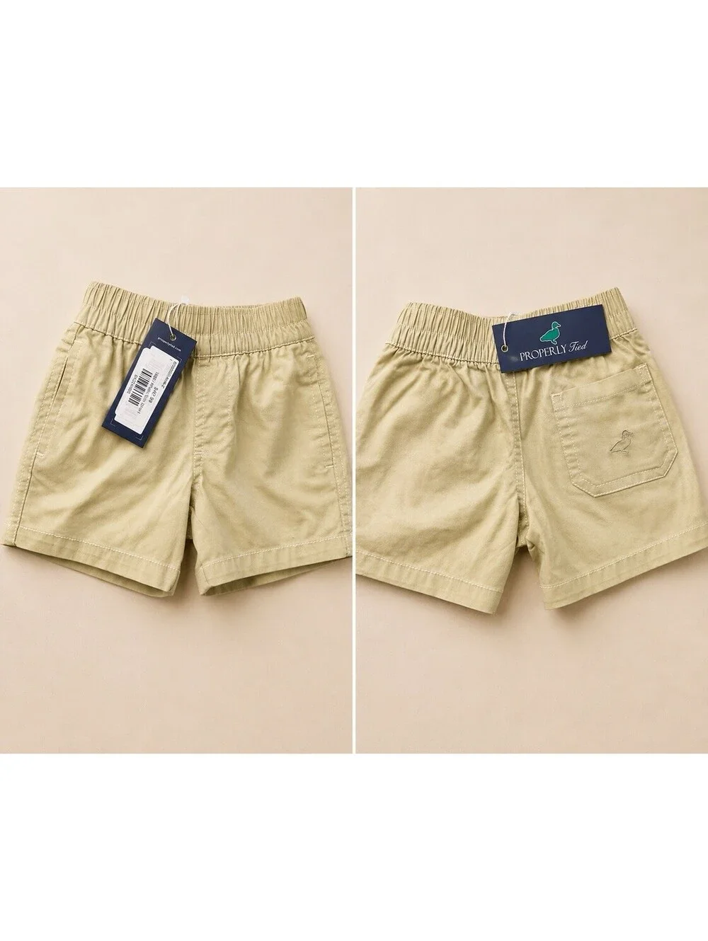 Properly Tied Boys Beige Cotton Khaki Pull-On Elastic Waist Shorts Pockets 2T